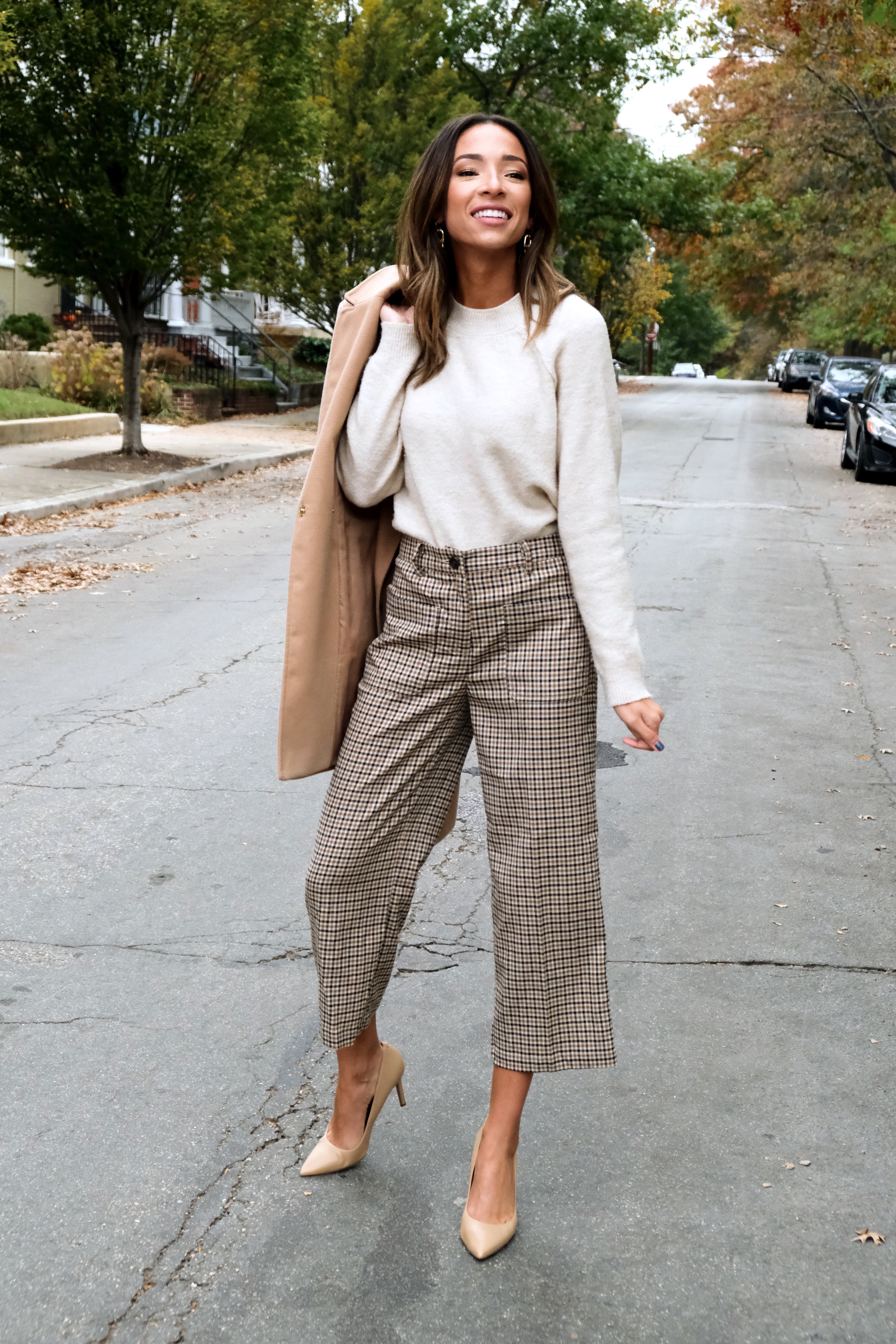 plaid wide leg pant with tan coat