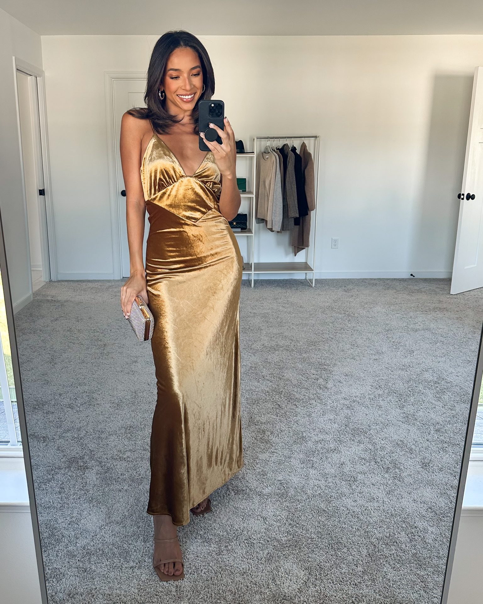 gold velvet maxi dress for fall wedding guest 